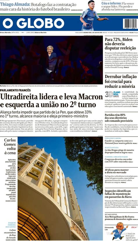 Capa O Globo Edição Segunda 1 de Julho de 2024