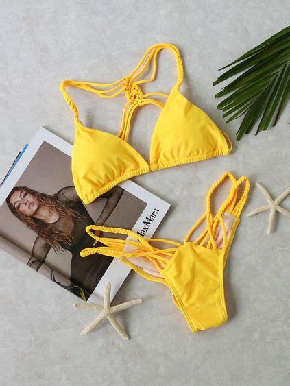 Yellow Braided Detail Strappy Back Bikini Set Bikinis Bikini Set