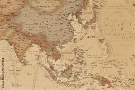 Ancient Geographic Map Of Asia With Names Of The Countries Stock Photo