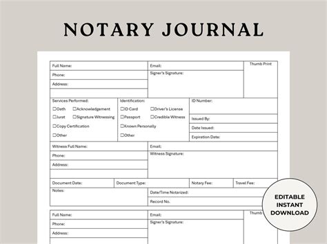 Notary Journal Notary Work Log Blank Notary Forms Notary Ledger Notary Record Log Notary