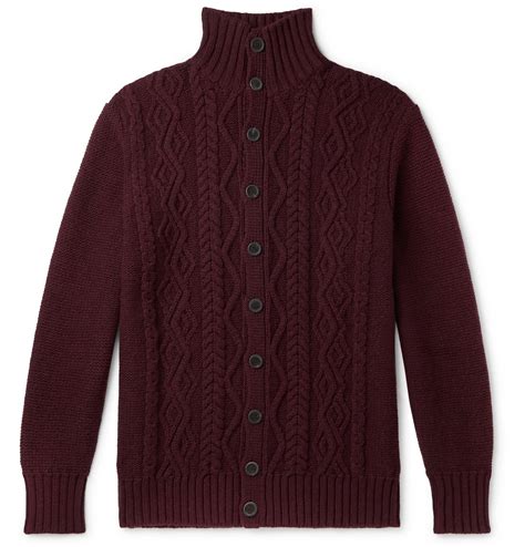 Anderson Sheppard Cable Knit Merino Wool Cardigan Burgundy