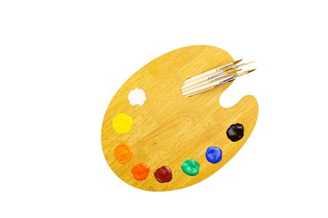 Premium Photo Wooden Art Palette With Paints And Brushes Isolated On