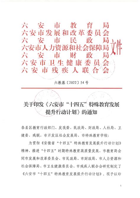 【市级政策】【特殊教育发展规划】关于印发《六安市“十四五”特殊教育发展提升行动计划》的通知舒城县人民政府