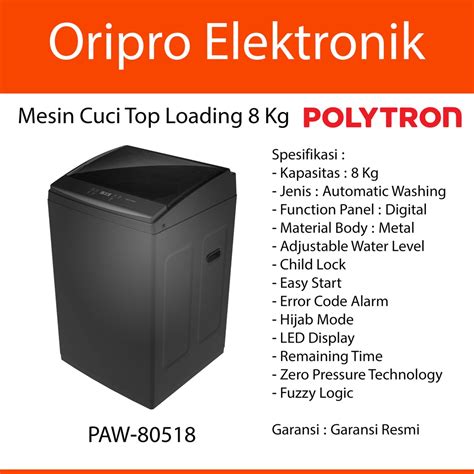 Jual Mesin Cuci 1 Tabung Top Loading Otomatis 8 Kg Polytron PAW 80518