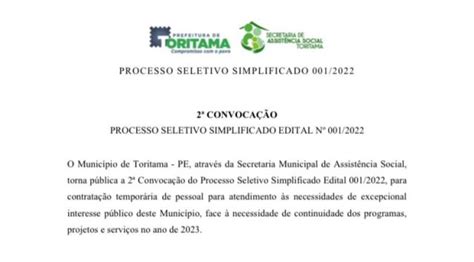 PROCESSO SELETIVO SIMPLIFICADO EDITAL Nº 001 2022 Prefeitura de Toritama