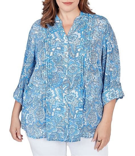 Ruby Rd Plus Size Floral Print Band Notch V Neck Roll Tab Sleeve Pleat