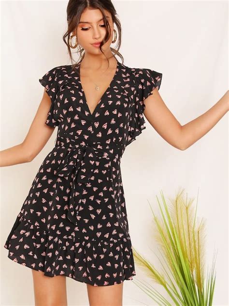 SHEIN Heart Print Ruffle Hem Belted Dress Fit And Flare Dress Belted