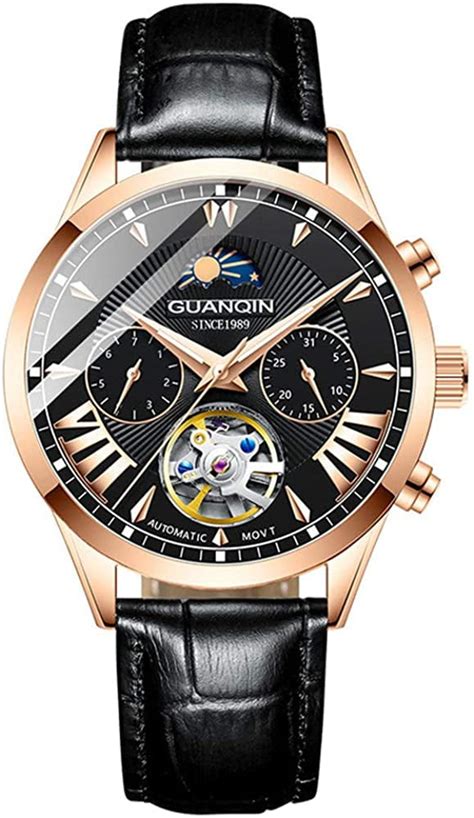 GUANQIN Men Analog Automatic Self Winding Mechanical Skeleton Wrist