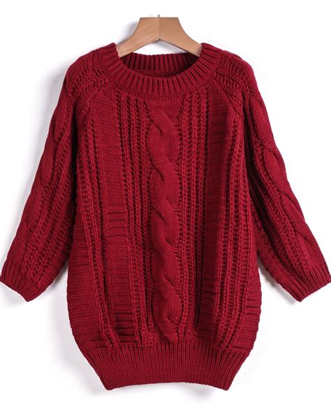 Wine Red Round Neck Cable Knit Sweater Red Sweaters