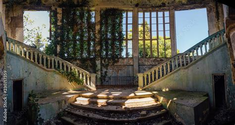 Ruined Mansion Interior Overgrown By Plants Overgrown By Ivy Windows