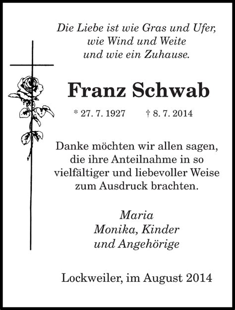 Traueranzeigen Von Franz Schwab Saarbruecker Zeitung Trauer De