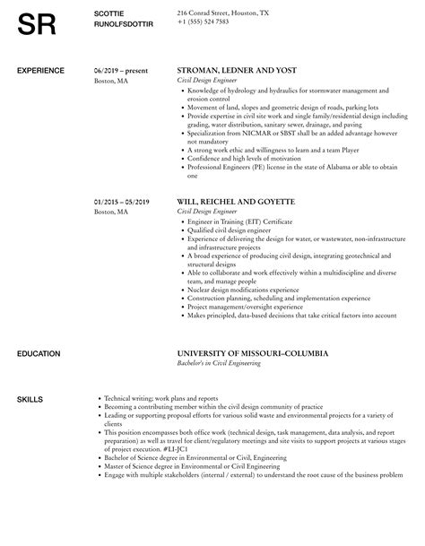 Civil Design Engineer Resume Samples | Velvet Jobs