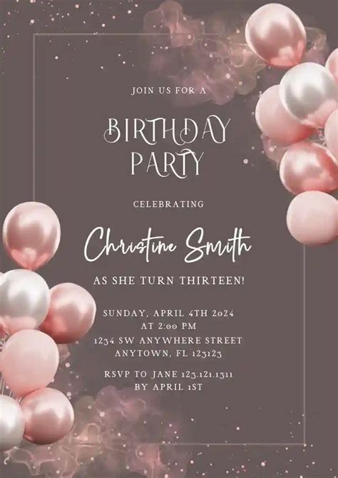 Pink Balloon Minimalist Free Teens Birthday Invitation Templates