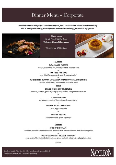 Napoleon Food And Wine Bar 3 Course Dinner 2 Pax Welcome Champagne