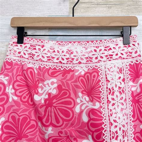 Lilly Pulitzer Doily Lace Trim Pencil Skirt Pink White Floral Stretch