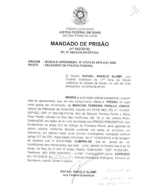 Mandado De Pris O Para Marconi Ferreira Perillo J Nior Estad O