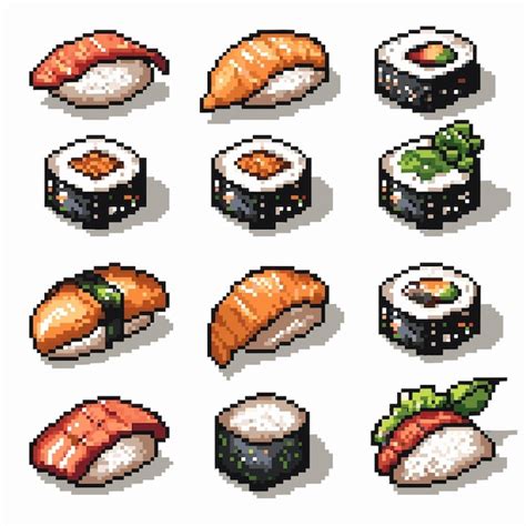 Pixel Art Sushi Set Nigiri Maki And Sashimi Premium Ai Generated Vector