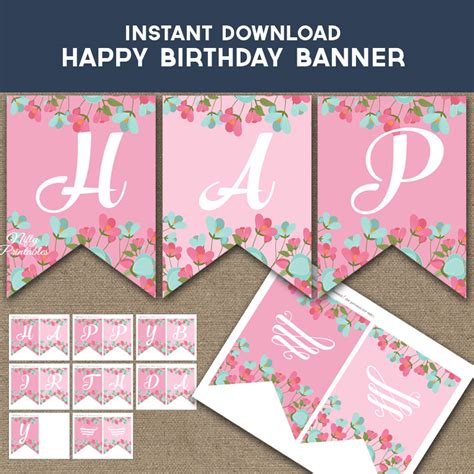 Happy Birthday Banner - Pink Mint Floral - Nifty Printables