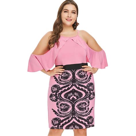 Kenancy Plus Size Ruffle Knee Length Fitted Dress Graphic Open Shoulder