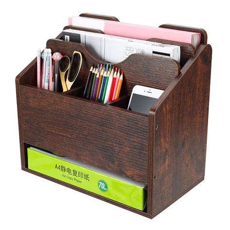 Pag Office Supplies Desk Organizer Wood File Mail Sorter Paper Pen Holder Magazine Rack Brown