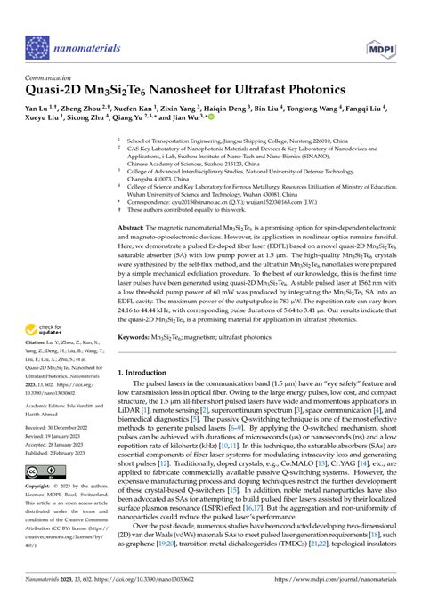 PDF Quasi 2D Mn3Si2Te6 Nanosheet For Ultrafast Photonics