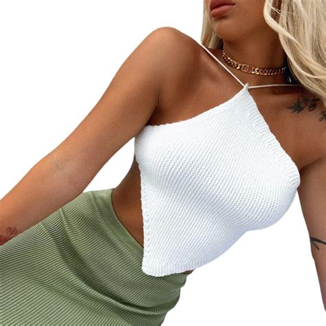 Summer Ladies Sexy Backless Chest Wrap Women Solid Color Hanging Neck Lace Up Sleeveless Knitted