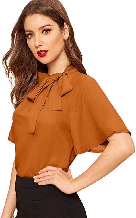 Shein Womens Casual Side Bow Tie Neck Short Sleeve Blouse Shirt Top