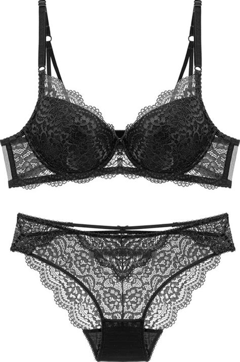 Baronhong Women Push Up Underwire Bra And Panty Set Lace Soft Cotton Cup Lingerie Set Black