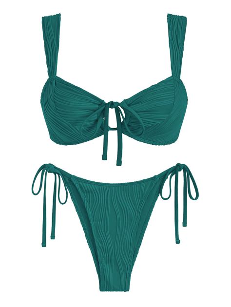ZAFUL Women S Cinched Bikini Solid Color Wave Textured Knotted Tied