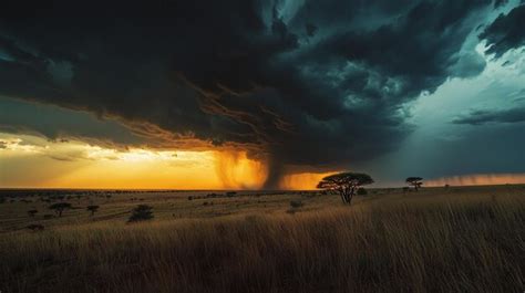 Majestic Storm Over African Savanna Dramatic Skies and Rainfall at Sunset | Premium AI-generated ...