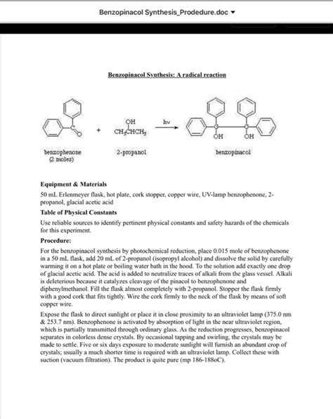 Solved Preparation Of Benzopinacol Title Of Experiment Chegg