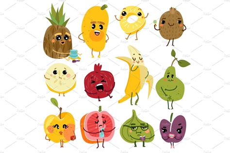 Cute Fruits Fruit Funny Characters Vector Graphics Creative Market