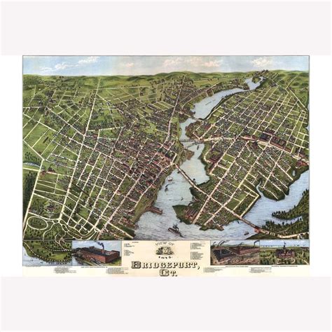 Map Of Bridgeport 1875 Antique Birdseye Map Custom Printed Teak Wood