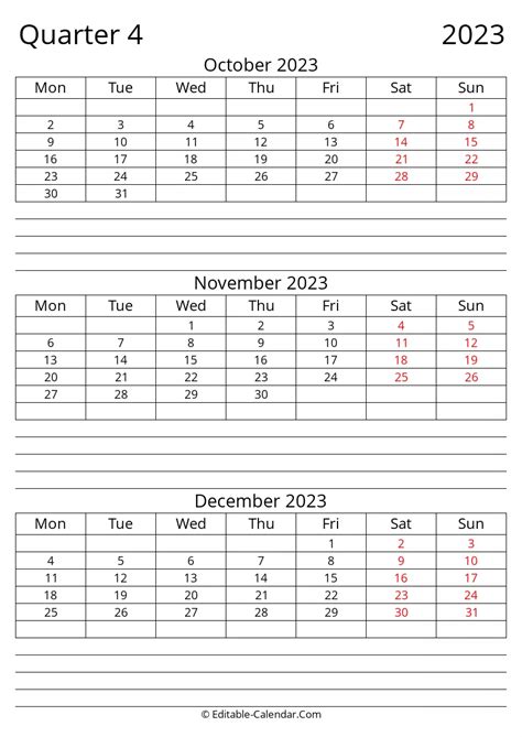 Download Quarter 4 2023 Fillable Calendar With Notes, Monday Start