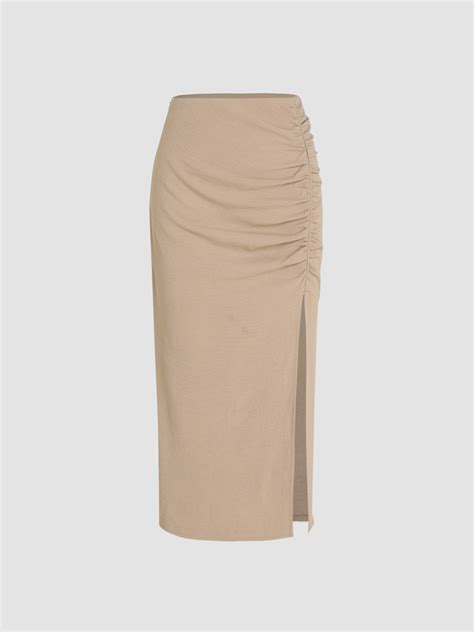 Ruched Split Midi Skirt For Daily Casual