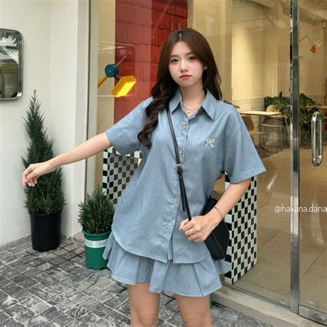 Set áo sơ mi thêu nơ nhỏ kèm chân váy hai tầng hot trend HAVANA SAT Shopee Việt Nam