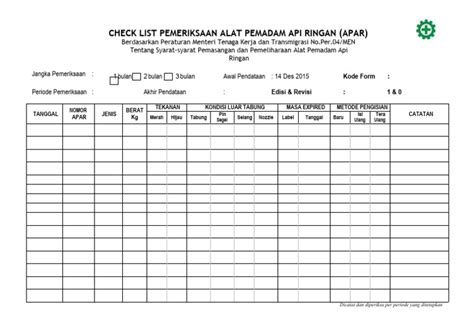 Form Checklist Pemeriksaan Apar Pdf