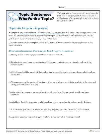 Topic Sentence What’s The Topic Writing Worksheet