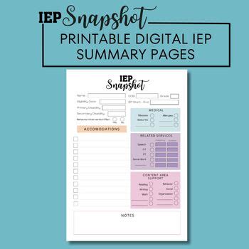 Iep Snapshot Pages Special Education Digital Printable Iep Summary Sheets