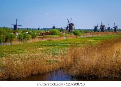 Typical Dutch Polder Landscape Traditional Windmills Stock Photo