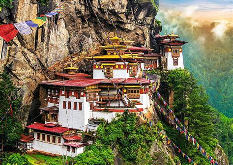 Tiger S Nest Bhutan Sky Houses Mountains Extreme Rocks Sunset