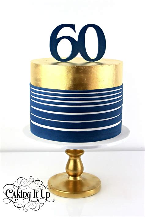 1 Tier 60th Birthday Cake Featuring Navy Horizontal And 24k Edible Gold