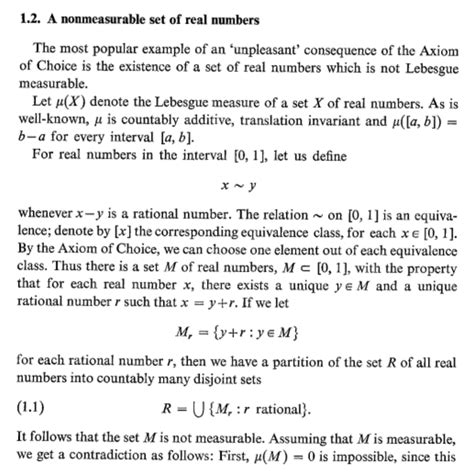 Measure Theory Axiom Of Choice To Build A Set Of Real Numbers Not