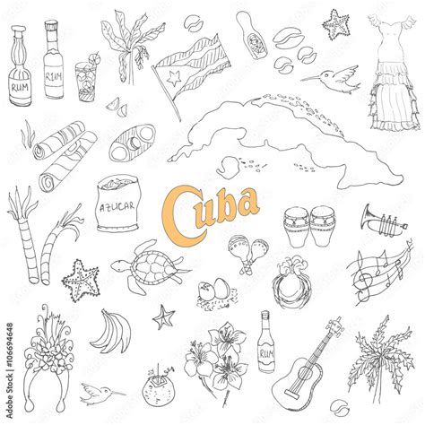 Set Of Hand Drawn Cuba Icons Cuban Sketch Illustration Doodle