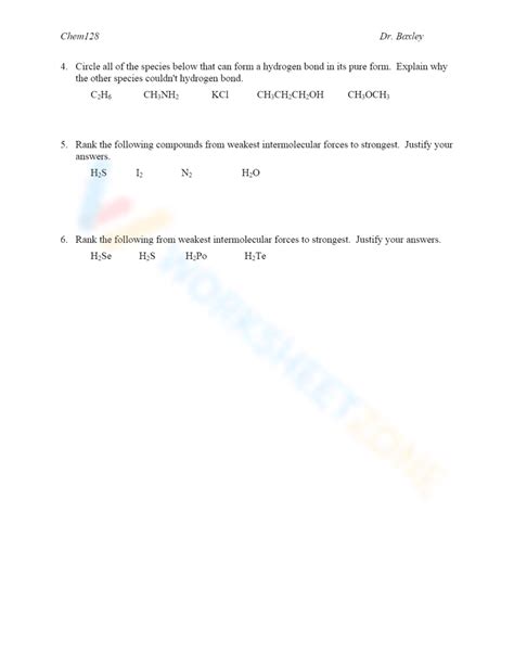 Intermolecular Forces Worksheet With Key