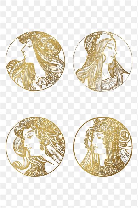 Art Nouveau Gold Silhouette Lady Png Illustration Set Remixed From The