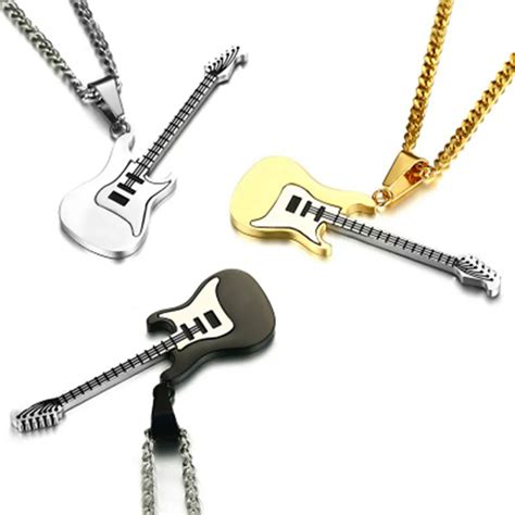 Enamel Guitar Necklace Pendant For Men Women Stainless Steel Music