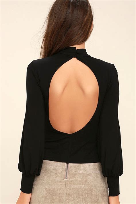 Chic Black Top Long Sleeve Top Mock Neck Top Backless Top 3400