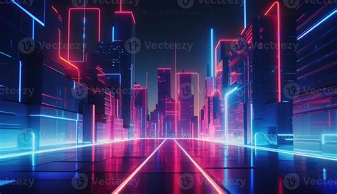 Abstract Concept Of The Urban Street At Night Red Blue Neon City