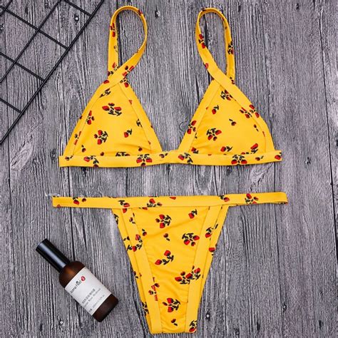 Sexy Yellow Checkered Push Up Bikini Set Ruched Swimwear Women